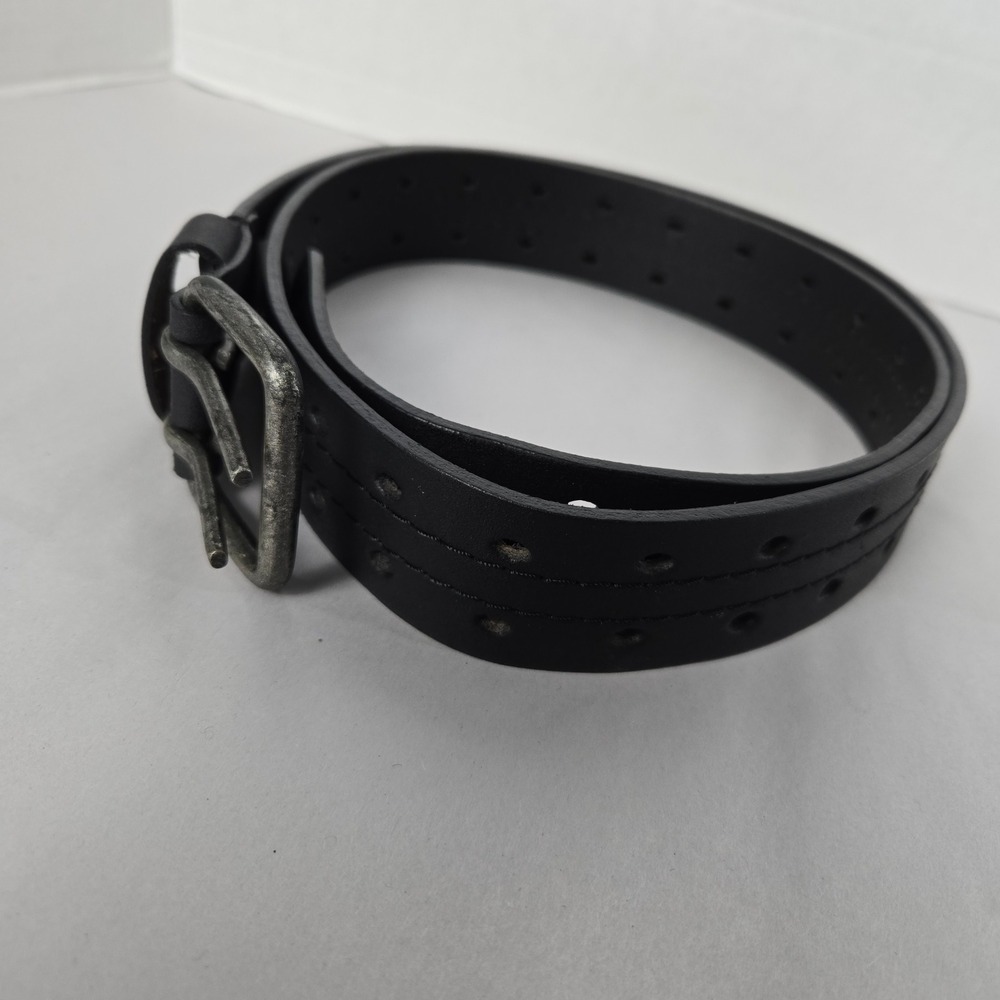 Black Genuine Leather Belt 48 Inch Double Prong Perforated Grunge Moto #1691 - Picture 4 of 6